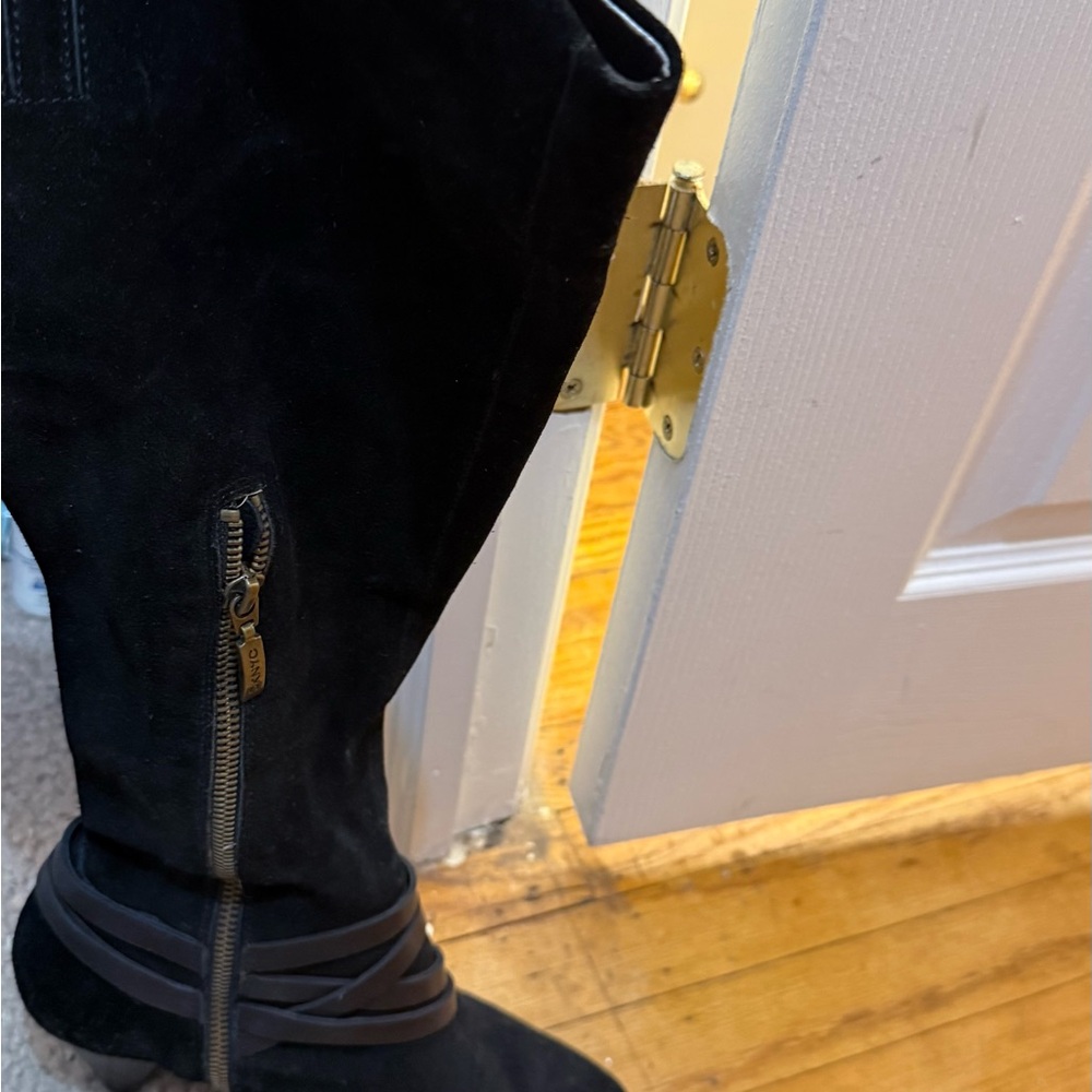 DKNYC Black Knee-High Boots with Strap Detail